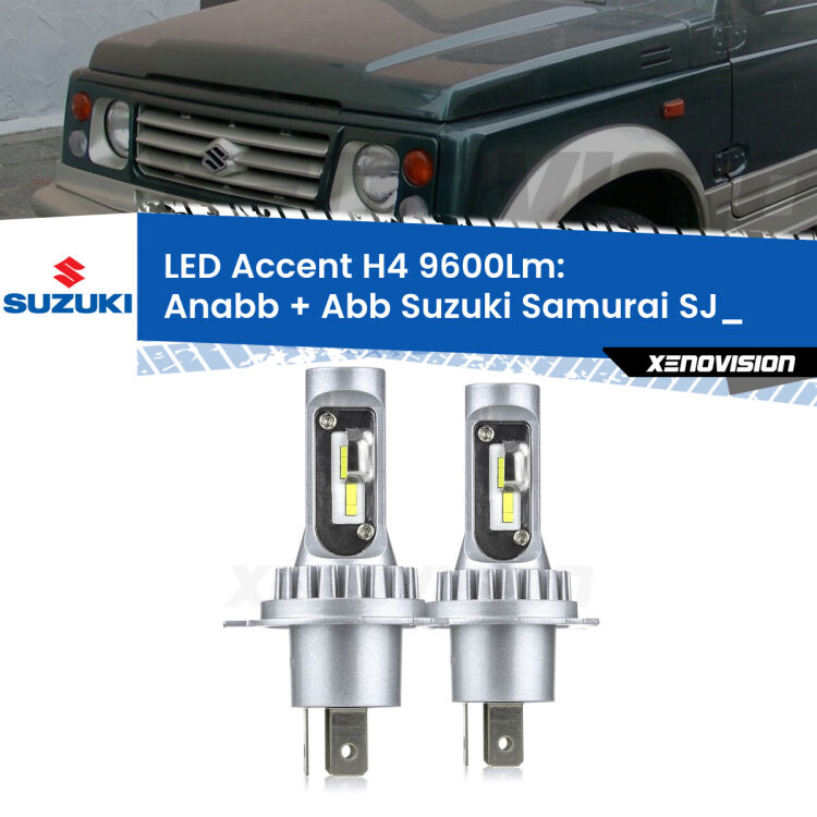 Anabbaglianti LED H4 9600Lm per Suzuki Samurai SJ_ 1988 - 2004 <strong>Kit LED per anabbaglianti + abbaglianti Samurai</strong> SJ_ 1988 - 2004.</strong> Coppia lampade <strong>H4</strong> doppia intensità senza ventola e ultracompatte per installazioni in fari senza spazi.