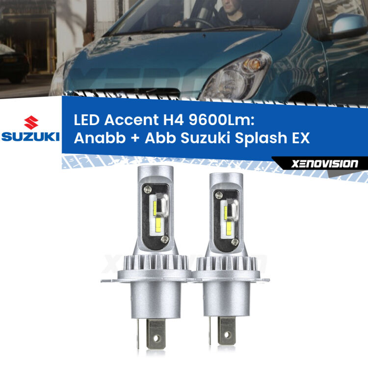 Anabbaglianti LED H4 9600Lm per Suzuki Splash EX 2008 in poi <strong>Kit LED per anabbaglianti + abbaglianti Splash</strong> EX 2008 in poi.</strong> Coppia lampade <strong>H4</strong> doppia intensità senza ventola e ultracompatte per installazioni in fari senza spazi.