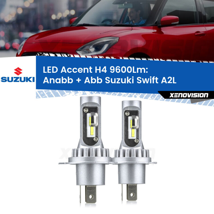 Anabbaglianti LED H4 9600Lm per Suzuki Swift A2L 2017 in poi <strong>Kit LED per anabbaglianti + abbaglianti Swift</strong> A2L 2017 in poi.</strong> Coppia lampade <strong>H4</strong> doppia intensità senza ventola e ultracompatte per installazioni in fari senza spazi.