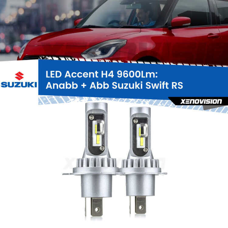 Anabbaglianti LED H4 9600Lm per Suzuki Swift RS 2005 - 2010 <strong>Kit LED per anabbaglianti + abbaglianti Swift</strong> RS 2005 - 2010.</strong> Coppia lampade <strong>H4</strong> doppia intensità senza ventola e ultracompatte per installazioni in fari senza spazi.