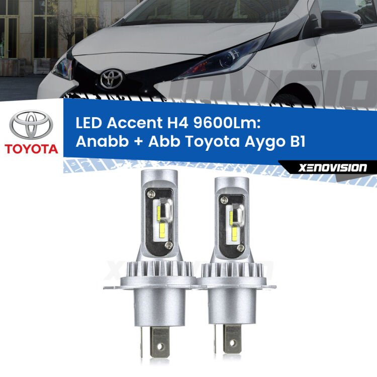 Anabbaglianti LED H4 9600Lm per Toyota Aygo B1 2005 - 2014 <strong>Kit LED per anabbaglianti + abbaglianti Aygo</strong> B1 2005 - 2014.</strong> Coppia lampade <strong>H4</strong> doppia intensità senza ventola e ultracompatte per installazioni in fari senza spazi.