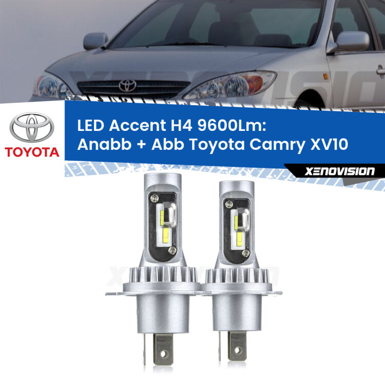 Anabbaglianti LED H4 9600Lm per Toyota Camry XV10 1991 - 1996 <strong>Kit LED per anabbaglianti + abbaglianti Camry</strong> XV10 1991 - 1996.</strong> Coppia lampade <strong>H4</strong> doppia intensità senza ventola e ultracompatte per installazioni in fari senza spazi.