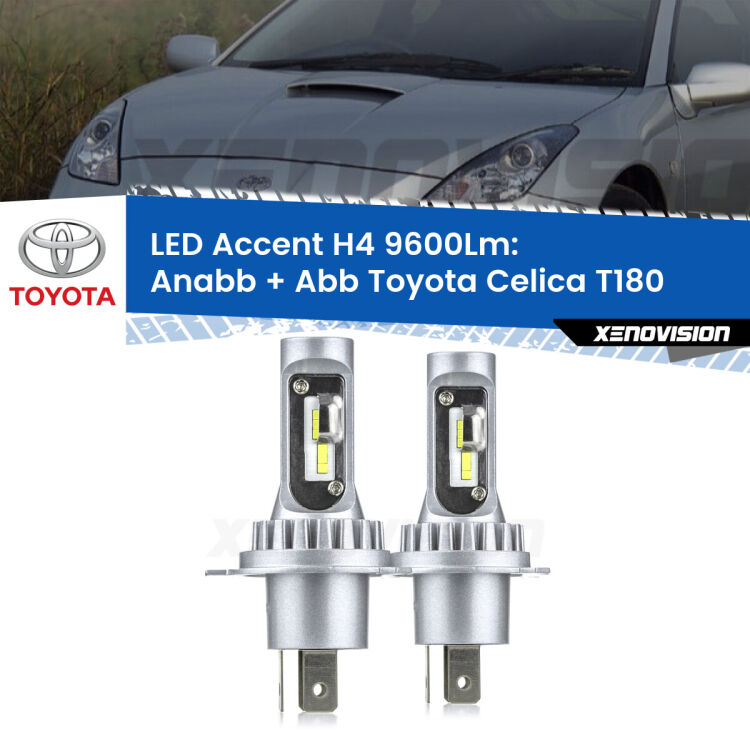 Anabbaglianti LED H4 9600Lm per Toyota Celica T180 1989 - 1993 <strong>Kit LED per anabbaglianti + abbaglianti Celica</strong> T180 1989 - 1993.</strong> Coppia lampade <strong>H4</strong> doppia intensità senza ventola e ultracompatte per installazioni in fari senza spazi.