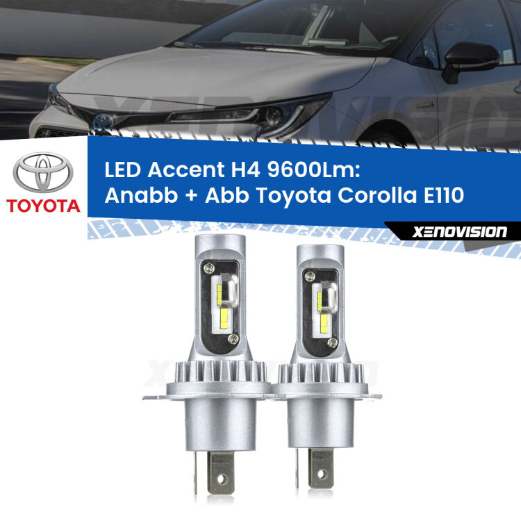 Anabbaglianti LED H4 9600Lm per Toyota Corolla E110 1997 - 2001 <strong>Kit LED per anabbaglianti + abbaglianti Corolla</strong> E110 1997 - 2001.</strong> Coppia lampade <strong>H4</strong> doppia intensità senza ventola e ultracompatte per installazioni in fari senza spazi.