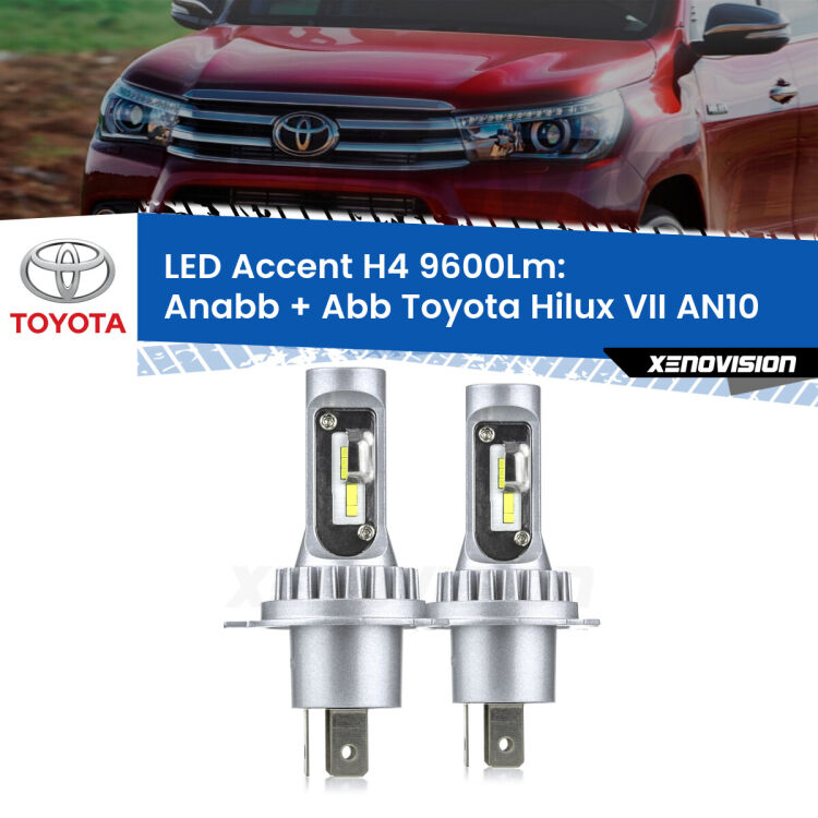 Anabbaglianti LED H4 9600Lm per Toyota Hilux VII AN10 2004 - 2015 <strong>Kit LED per anabbaglianti + abbaglianti Hilux VII</strong> AN10 2004 - 2015.</strong> Coppia lampade <strong>H4</strong> doppia intensità senza ventola e ultracompatte per installazioni in fari senza spazi.