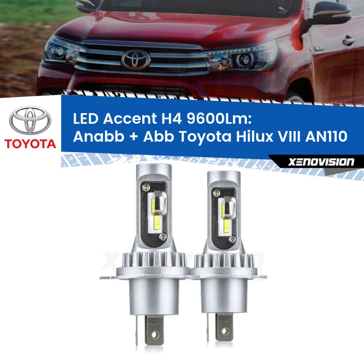 Anabbaglianti LED H4 9600Lm per Toyota Hilux VIII AN110 2015 in poi <strong>Kit LED per anabbaglianti + abbaglianti Hilux VIII</strong> AN110 2015 in poi.</strong> Coppia lampade <strong>H4</strong> doppia intensità senza ventola e ultracompatte per installazioni in fari senza spazi.