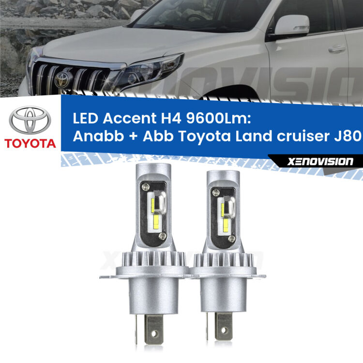 Anabbaglianti LED H4 9600Lm per Toyota Land cruiser J80 1990 - 1997 <strong>Kit LED per anabbaglianti + abbaglianti Land cruiser</strong> J80 1990 - 1997.</strong> Coppia lampade <strong>H4</strong> doppia intensità senza ventola e ultracompatte per installazioni in fari senza spazi.