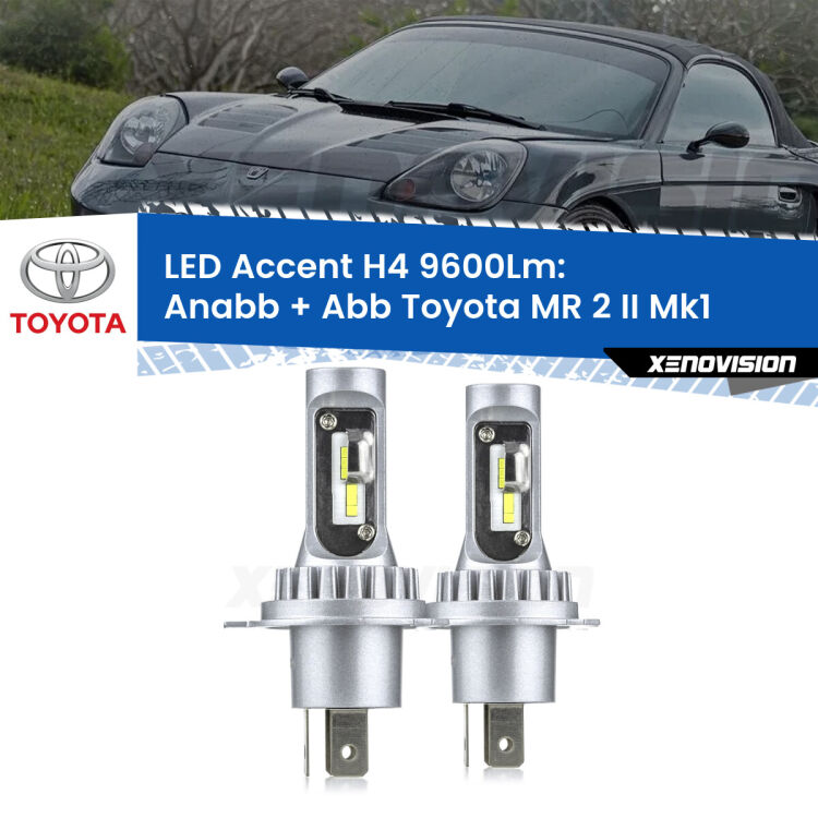 Anabbaglianti LED H4 9600Lm per Toyota MR 2 II Mk1 1989 - 2000 <strong>Kit LED per anabbaglianti + abbaglianti MR 2 II</strong> Mk1 1989 - 2000.</strong> Coppia lampade <strong>H4</strong> doppia intensità senza ventola e ultracompatte per installazioni in fari senza spazi.
