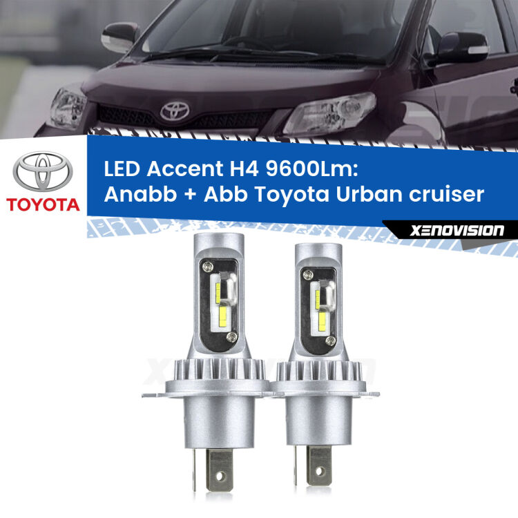 Anabbaglianti LED H4 9600Lm per Toyota Urban cruiser 2007 - 2016 <strong>Kit LED per anabbaglianti + abbaglianti Urban cruiser</strong> 2007 - 2016.</strong> Coppia lampade <strong>H4</strong> doppia intensità senza ventola e ultracompatte per installazioni in fari senza spazi.
