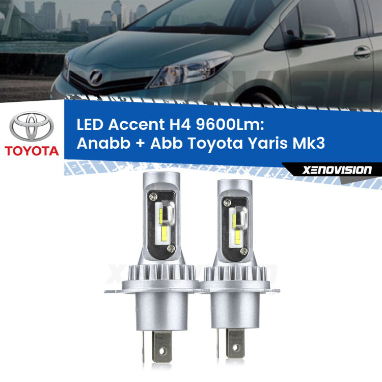 Anabbaglianti LED H4 9600Lm per Toyota Yaris Mk3 fari a parabola <strong>Kit LED per anabbaglianti + abbaglianti Yaris</strong> Mk3 fari a parabola.</strong> Coppia lampade <strong>H4</strong> doppia intensità senza ventola e ultracompatte per installazioni in fari senza spazi.