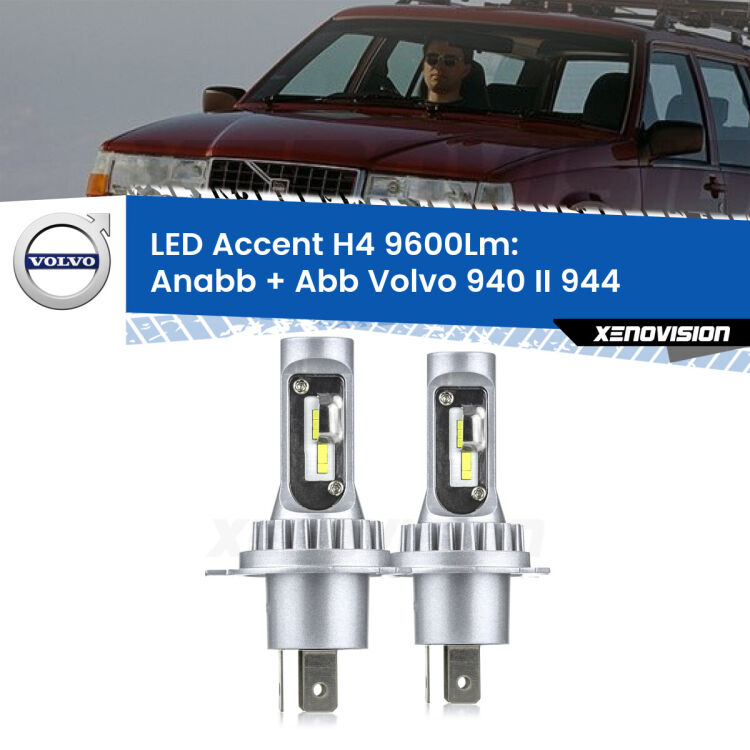 Anabbaglianti LED H4 9600Lm per Volvo 940 II 944 1994 - 1998 <strong>Kit LED per anabbaglianti + abbaglianti 940 II</strong> 944 1994 - 1998.</strong> Coppia lampade <strong>H4</strong> doppia intensità senza ventola e ultracompatte per installazioni in fari senza spazi.