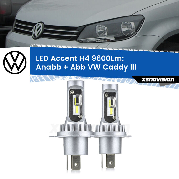 Anabbaglianti LED H4 9600Lm per VW Caddy III 2010 - 2015 <strong>Kit LED per anabbaglianti + abbaglianti Caddy III</strong> 2010 - 2015.</strong> Coppia lampade <strong>H4</strong> doppia intensità senza ventola e ultracompatte per installazioni in fari senza spazi.