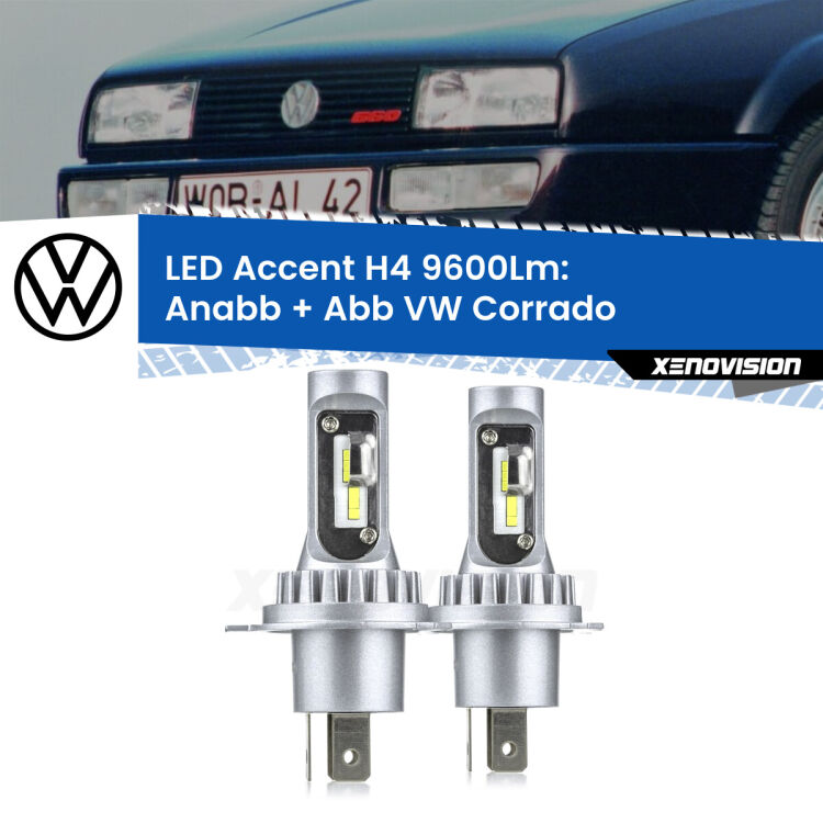 Anabbaglianti LED H4 9600Lm per VW Corrado 1988 - 1995 <strong>Kit LED per anabbaglianti + abbaglianti Corrado</strong> 1988 - 1995.</strong> Coppia lampade <strong>H4</strong> doppia intensità senza ventola e ultracompatte per installazioni in fari senza spazi.