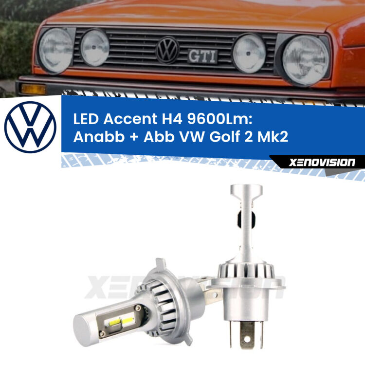 <strong>Kit LED per anabbaglianti + abbaglianti Golf 2</strong> Mk2 1983 - 1990.</strong> Coppia lampade <strong>H4</strong> doppia intensità senza ventola e ultracompatte per installazioni in fari senza spazi.