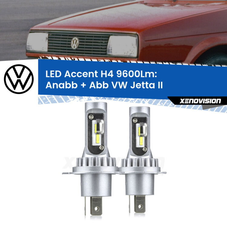 Anabbaglianti LED H4 9600Lm per VW Jetta II 1984 - 1992 <strong>Kit LED per anabbaglianti + abbaglianti Jetta</strong> II 1984 - 1992.</strong> Coppia lampade <strong>H4</strong> doppia intensità senza ventola e ultracompatte per installazioni in fari senza spazi.