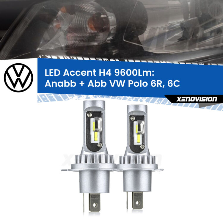 Anabbaglianti LED H4 9600Lm per VW Polo 6R, 6C 6R monolampada <strong>Kit LED per anabbaglianti + abbaglianti Polo</strong> 6R, 6C 6R monolampada.</strong> Coppia lampade <strong>H4</strong> doppia intensità senza ventola e ultracompatte per installazioni in fari senza spazi.