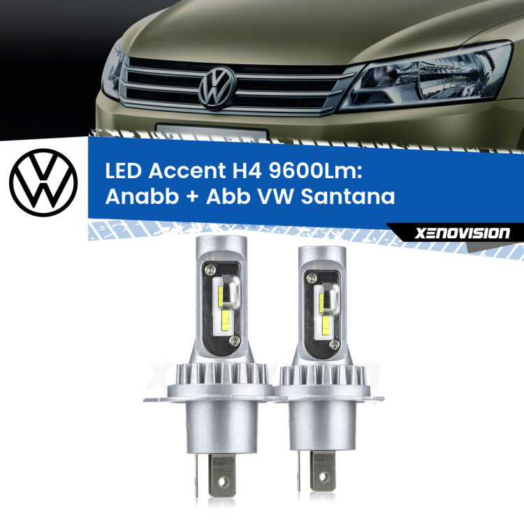 Anabbaglianti LED H4 9600Lm per VW Santana 1995 - 2012 <strong>Kit LED per anabbaglianti + abbaglianti Santana</strong> 1995 - 2012.</strong> Coppia lampade <strong>H4</strong> doppia intensità senza ventola e ultracompatte per installazioni in fari senza spazi.