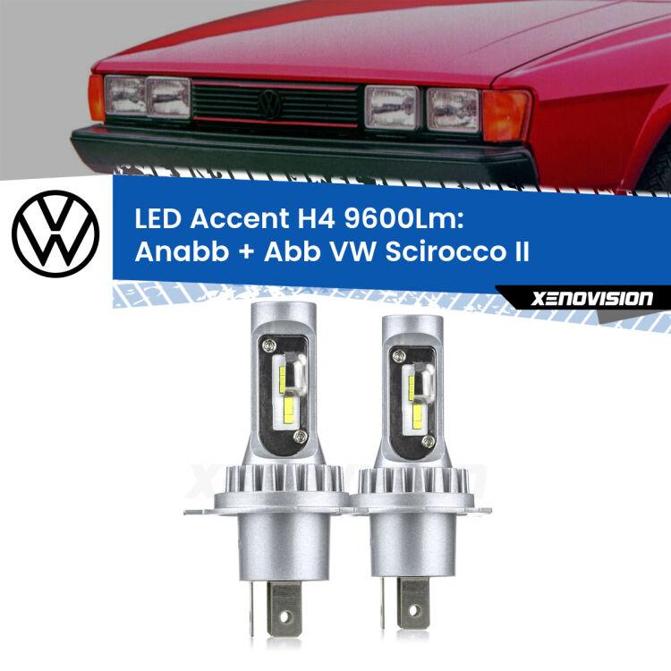 Anabbaglianti LED H4 9600Lm per VW Scirocco II 1980 - 1992 <strong>Kit LED per anabbaglianti + abbaglianti Scirocco</strong> II 1980 - 1992.</strong> Coppia lampade <strong>H4</strong> doppia intensità senza ventola e ultracompatte per installazioni in fari senza spazi.