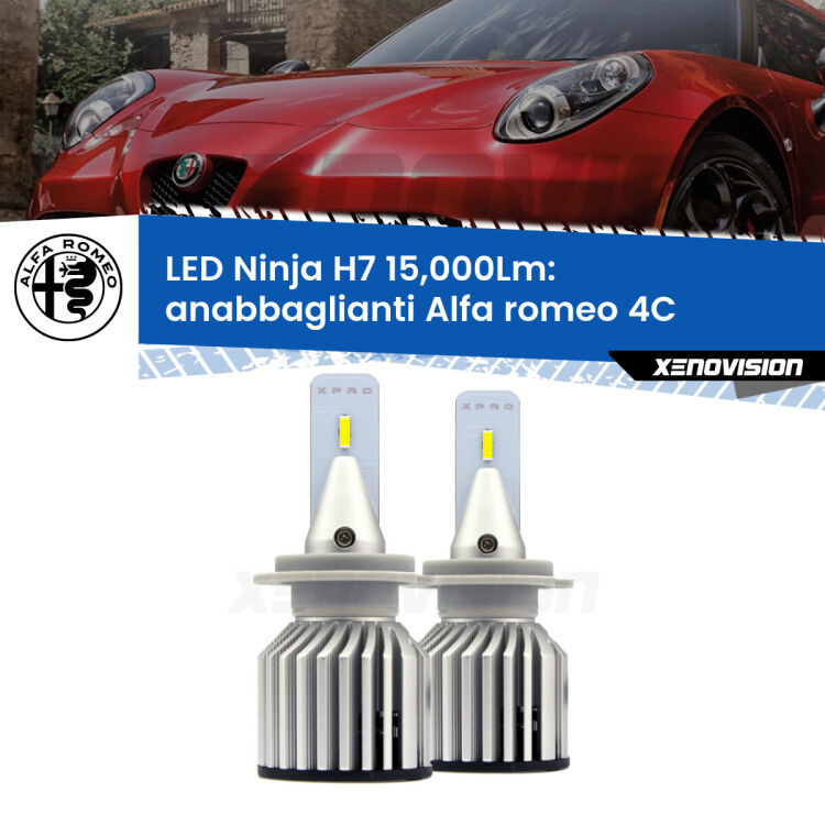 <strong>Kit anabbaglianti LED specifico per Alfa romeo 4C</strong>  2013 in poi. Lampade <strong>H7</strong> Canbus da 15.000Lumen di luminosità modello Ninja Xenovision.