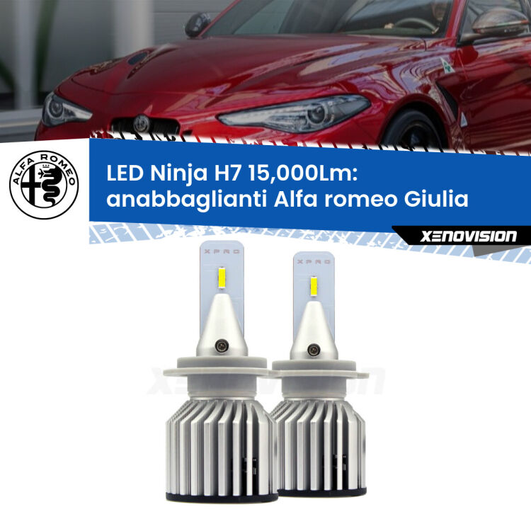 <strong>Kit anabbaglianti LED specifico per Alfa romeo Giulia</strong>  2015 in poi. Lampade <strong>H7</strong> Canbus da 15.000Lumen di luminosità modello Ninja Xenovision.