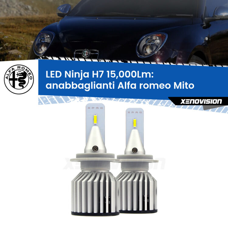 <strong>Kit anabbaglianti LED specifico per Alfa romeo Mito</strong>  2008 - 2018. Lampade <strong>H7</strong> Canbus da 15.000Lumen di luminosità modello Ninja Xenovision.