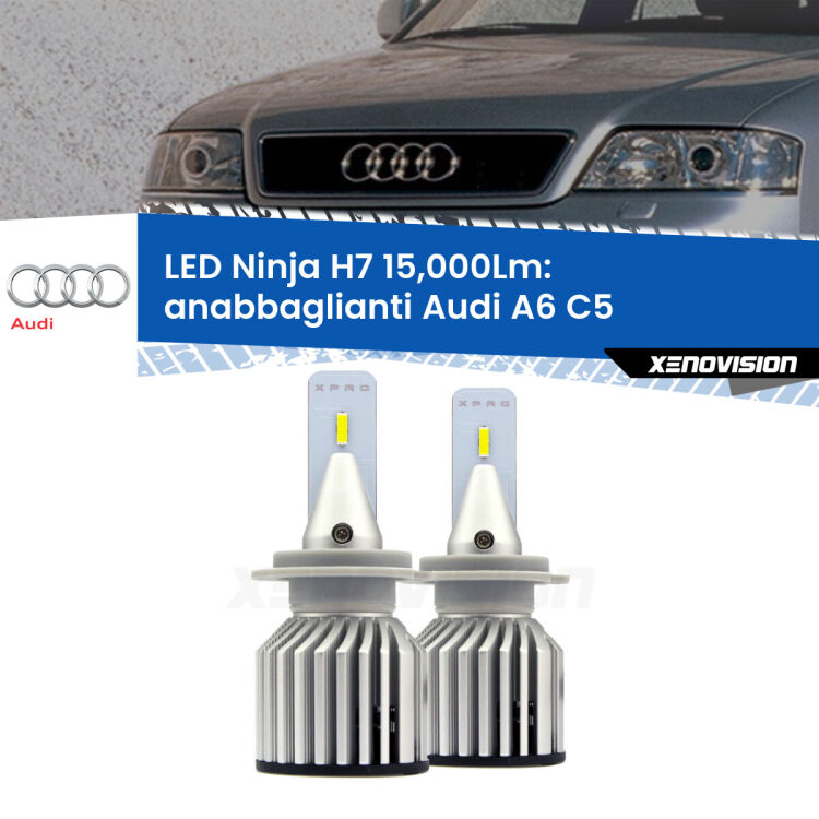 <strong>Kit anabbaglianti LED specifico per Audi A6</strong> C5 2002 - 2004. Lampade <strong>H7</strong> Canbus da 15.000Lumen di luminosità modello Ninja Xenovision.