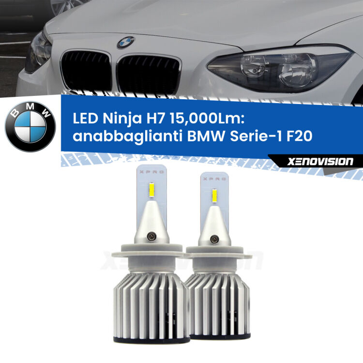 <strong>Kit anabbaglianti LED specifico per BMW Serie-1</strong> F20 2010 - 2019. Lampade <strong>H7</strong> Canbus da 15.000Lumen di luminosità modello Ninja Xenovision.