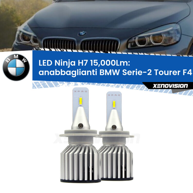 <strong>Kit anabbaglianti LED specifico per BMW Serie-2 Tourer</strong> F45, F46 2014 - 2018. Lampade <strong>H7</strong> Canbus da 15.000Lumen di luminosità modello Ninja Xenovision.