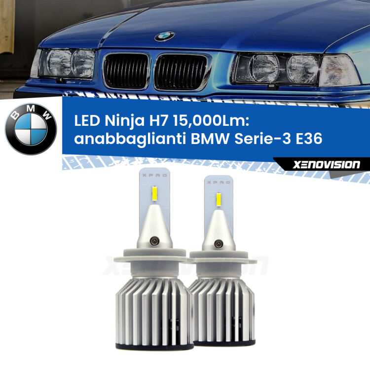 <strong>Kit anabbaglianti LED specifico per BMW Serie-3</strong> E36 1994 - 1998. Lampade <strong>H7</strong> Canbus da 15.000Lumen di luminosità modello Ninja Xenovision.