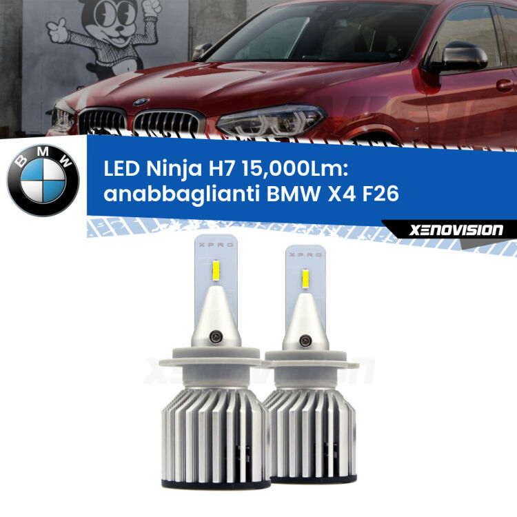 <strong>Kit anabbaglianti LED specifico per BMW X4</strong> F26 2014 - 2017. Lampade <strong>H7</strong> Canbus da 15.000Lumen di luminosità modello Ninja Xenovision.