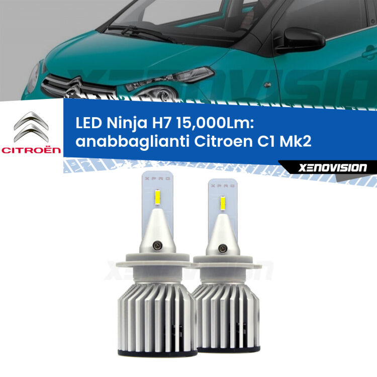 <strong>Kit anabbaglianti LED specifico per Citroen C1</strong> Mk2 2014 in poi. Lampade <strong>H7</strong> Canbus da 15.000Lumen di luminosità modello Ninja Xenovision.