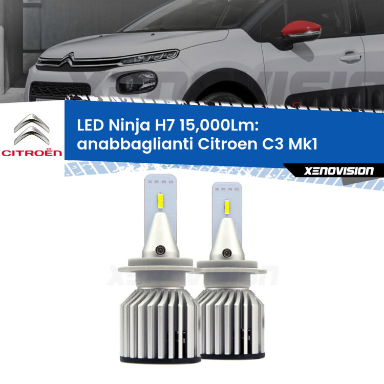 <strong>Kit anabbaglianti LED specifico per Citroen C3</strong> Mk1 2002 - 2009. Lampade <strong>H7</strong> Canbus da 15.000Lumen di luminosità modello Ninja Xenovision.