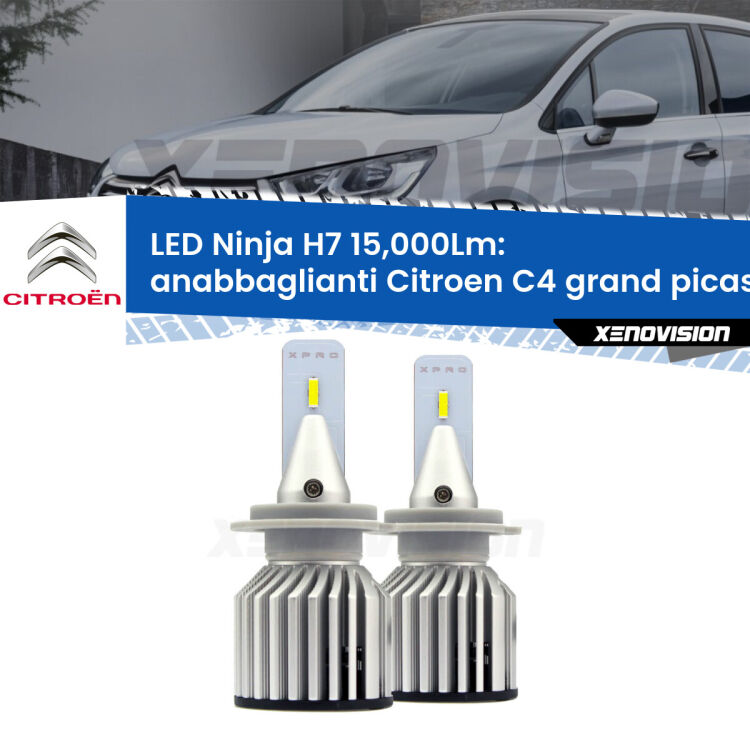 <strong>Kit anabbaglianti LED specifico per Citroen C4 grand picasso II</strong> Mk2 2013 in poi. Lampade <strong>H7</strong> Canbus da 15.000Lumen di luminosità modello Ninja Xenovision.