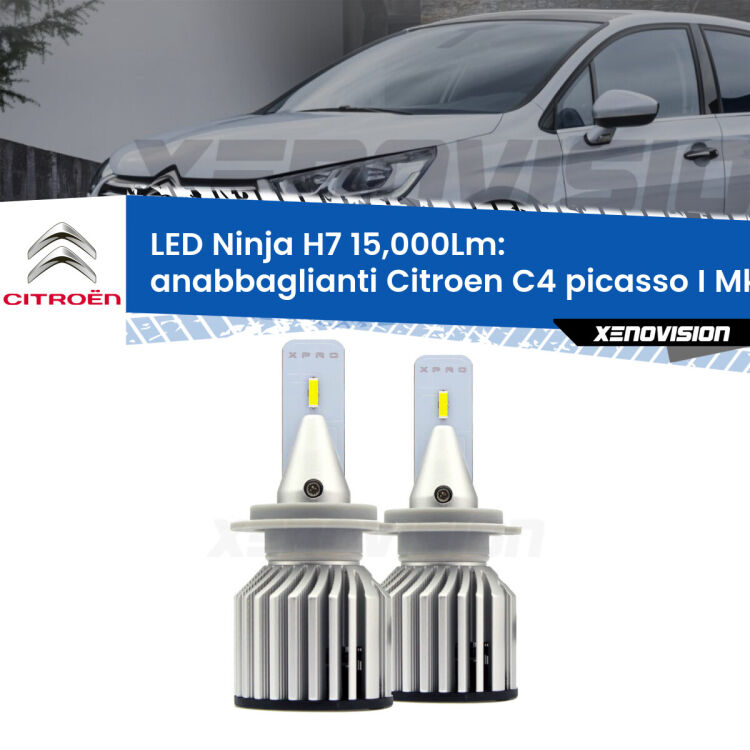 <strong>Kit anabbaglianti LED specifico per Citroen C4 picasso I</strong> Mk1 2007 - 2013. Lampade <strong>H7</strong> Canbus da 15.000Lumen di luminosità modello Ninja Xenovision.