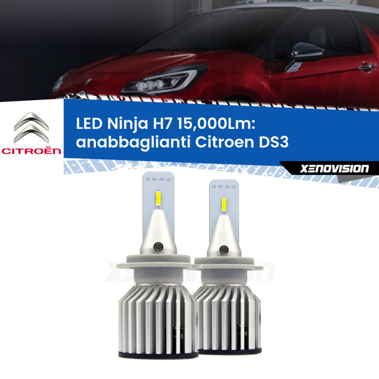 <strong>Kit anabbaglianti LED specifico per Citroen DS3</strong>  2009 - 2015. Lampade <strong>H7</strong> Canbus da 15.000Lumen di luminosità modello Ninja Xenovision.