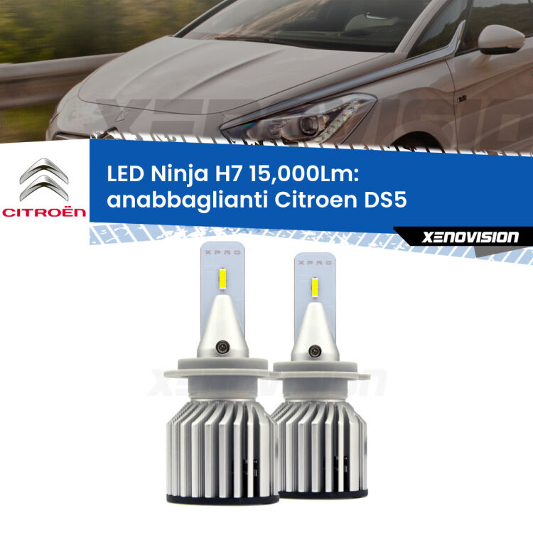 <strong>Kit anabbaglianti LED specifico per Citroen DS5</strong>  2011 - 2015. Lampade <strong>H7</strong> Canbus da 15.000Lumen di luminosità modello Ninja Xenovision.
