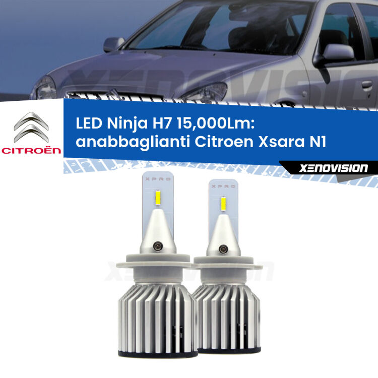 <strong>Kit anabbaglianti LED specifico per Citroen Xsara</strong> N1 a parabola doppia. Lampade <strong>H7</strong> Canbus da 15.000Lumen di luminosità modello Ninja Xenovision.
