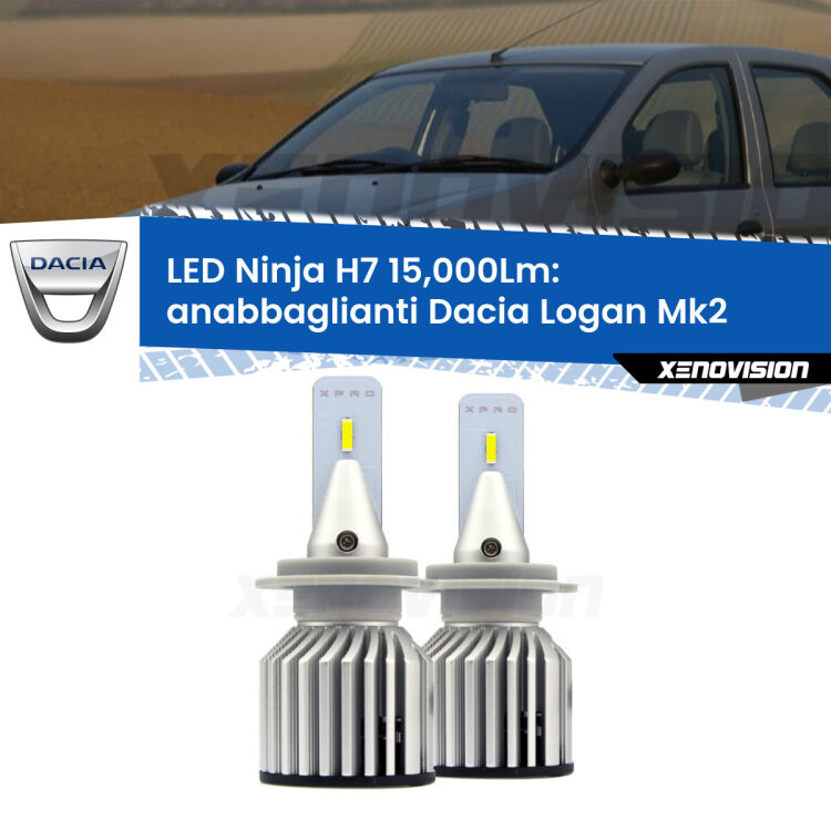 <strong>Kit anabbaglianti LED specifico per Dacia Logan</strong> Mk2 a parabola doppia. Lampade <strong>H7</strong> Canbus da 15.000Lumen di luminosità modello Ninja Xenovision.