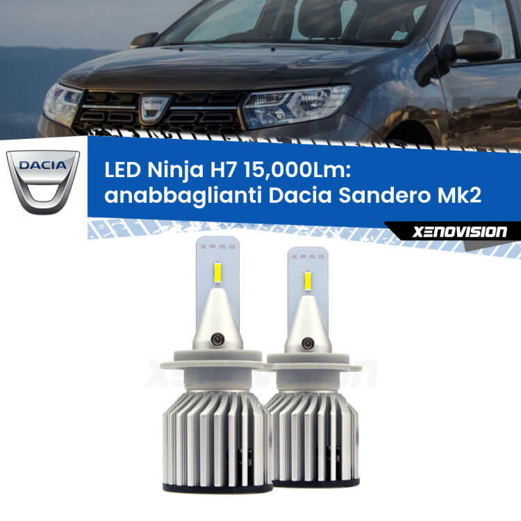 <strong>Kit anabbaglianti LED specifico per Dacia Sandero</strong> Mk2 a parabola doppia. Lampade <strong>H7</strong> Canbus da 15.000Lumen di luminosità modello Ninja Xenovision.