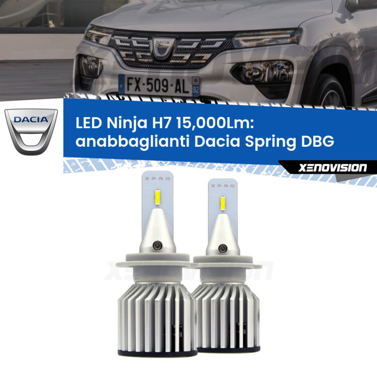 <strong>Kit anabbaglianti LED specifico per Dacia Spring</strong> DBG 2021 in poi. Lampade <strong>H7</strong> Canbus da 15.000Lumen di luminosità modello Ninja Xenovision.
