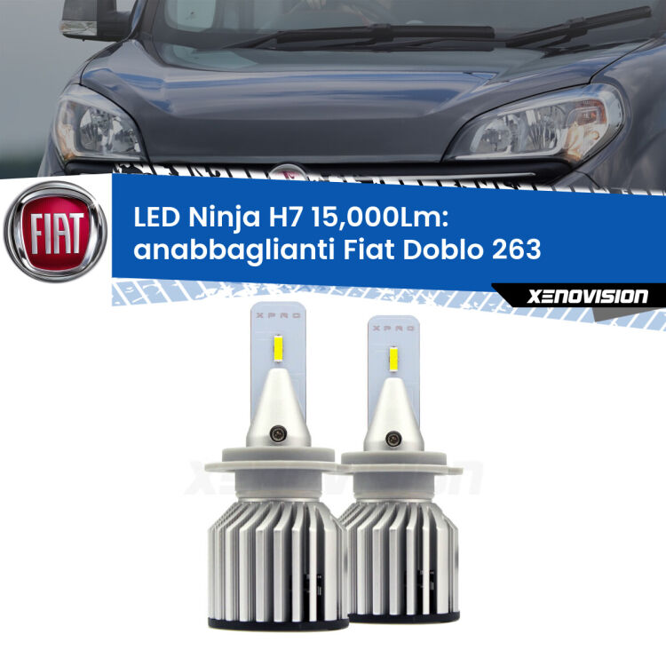 <strong>Kit anabbaglianti LED specifico per Fiat Doblo</strong> 263 2010 - 2016. Lampade <strong>H7</strong> Canbus da 15.000Lumen di luminosità modello Ninja Xenovision.