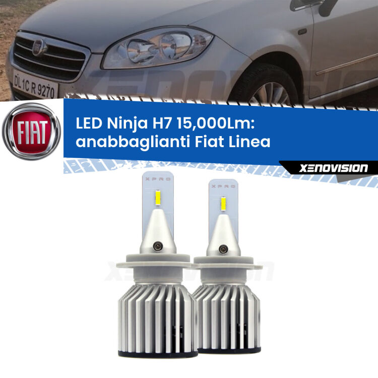 <strong>Kit anabbaglianti LED specifico per Fiat Linea</strong>  2007 - 2018. Lampade <strong>H7</strong> Canbus da 15.000Lumen di luminosità modello Ninja Xenovision.