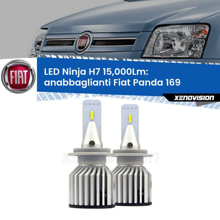 <strong>Kit anabbaglianti LED specifico per Fiat Panda</strong> 169 Cross. Lampade <strong>H7</strong> Canbus da 15.000Lumen di luminosità modello Ninja Xenovision.