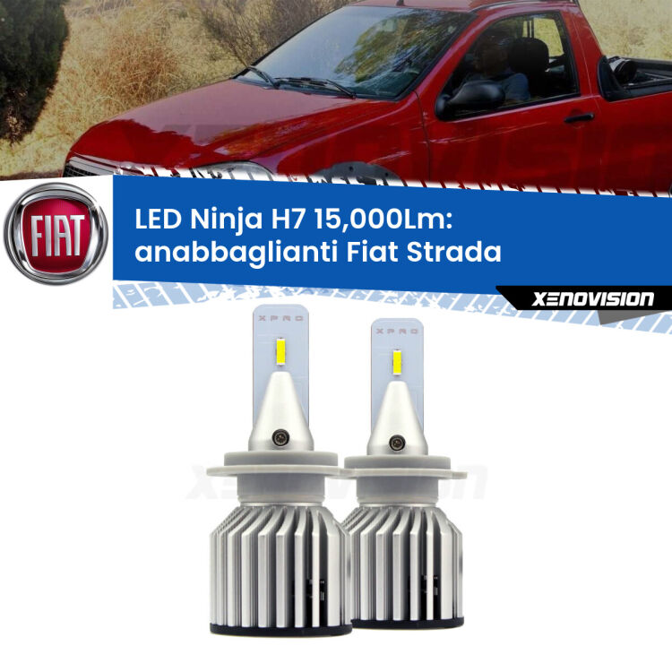 <strong>Kit anabbaglianti LED specifico per Fiat Strada</strong>  a parabola doppia. Lampade <strong>H7</strong> Canbus da 15.000Lumen di luminosità modello Ninja Xenovision.