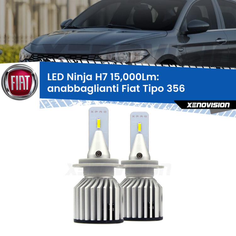 <strong>Kit anabbaglianti LED specifico per Fiat Tipo</strong> 356 fari lenticolari. Lampade <strong>H7</strong> Canbus da 15.000Lumen di luminosità modello Ninja Xenovision.