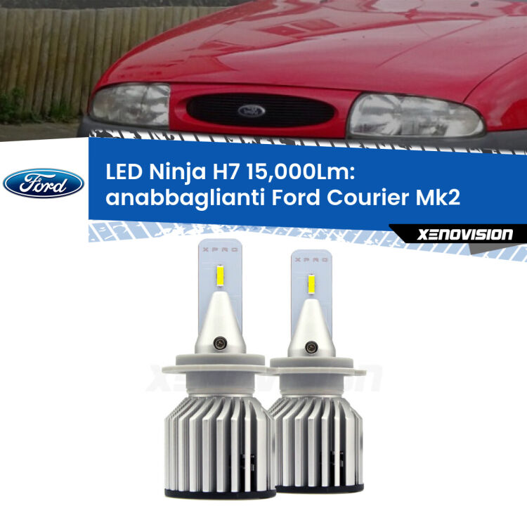<strong>Kit anabbaglianti LED specifico per Ford Courier</strong> Mk2 1996 - 1999. Lampade <strong>H7</strong> Canbus da 15.000Lumen di luminosità modello Ninja Xenovision.