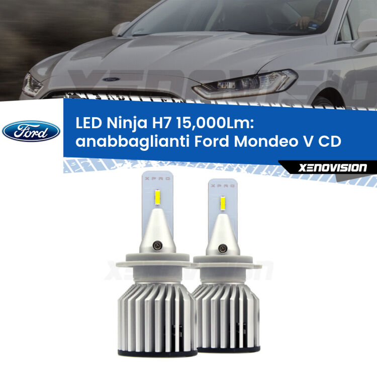 <strong>Kit anabbaglianti LED specifico per Ford Mondeo V</strong> CD 2012 - 2016. Lampade <strong>H7</strong> Canbus da 15.000Lumen di luminosità modello Ninja Xenovision.