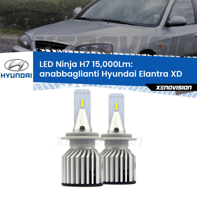 <strong>Kit anabbaglianti LED specifico per Hyundai Elantra</strong> XD 2000 - 2006. Lampade <strong>H7</strong> Canbus da 15.000Lumen di luminosità modello Ninja Xenovision.