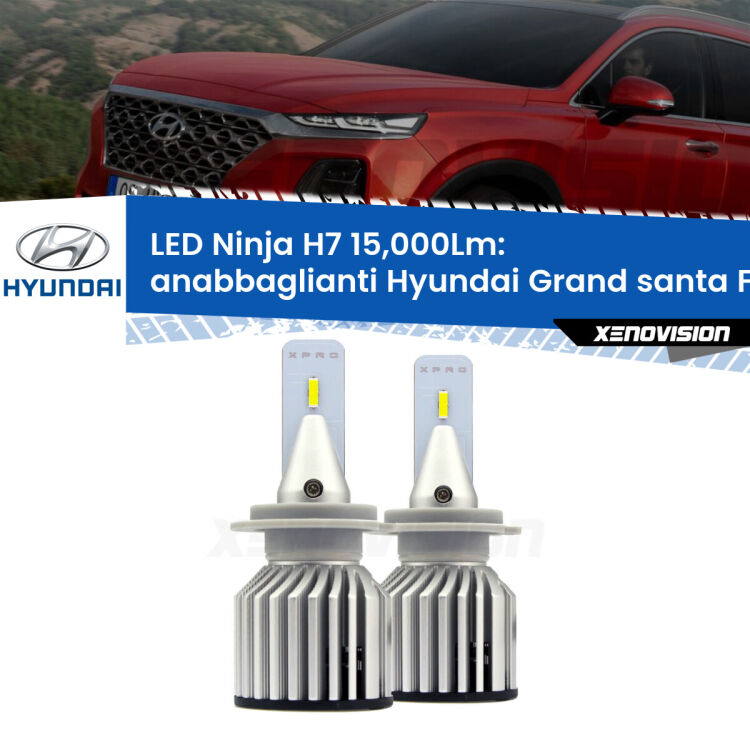 <strong>Kit anabbaglianti LED specifico per Hyundai Grand santa FÉ</strong>  2013 in poi. Lampade <strong>H7</strong> Canbus da 15.000Lumen di luminosità modello Ninja Xenovision.