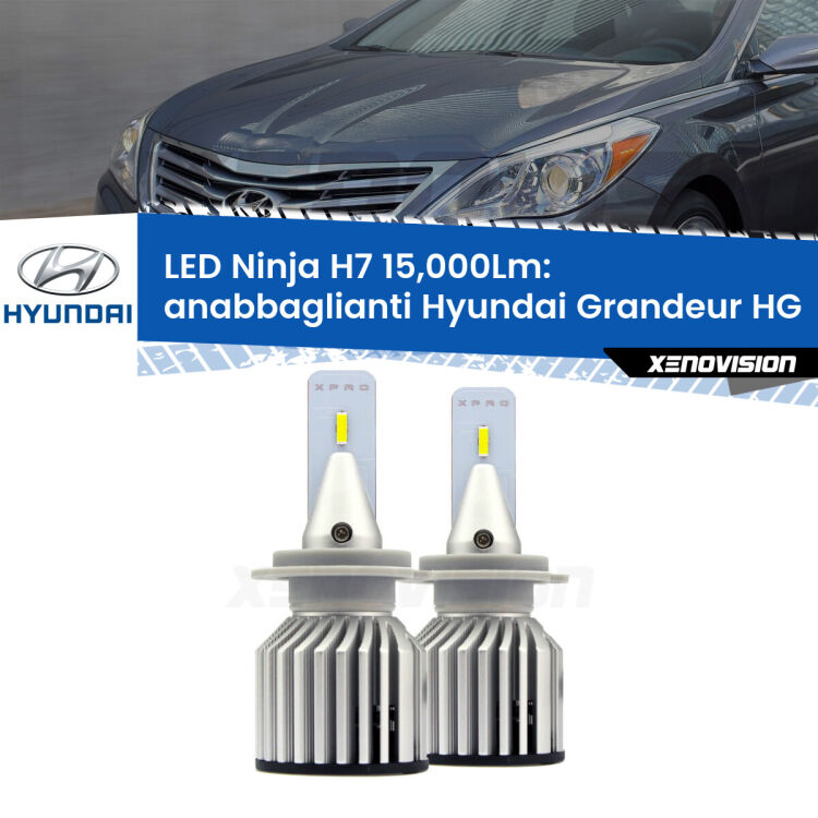 <strong>Kit anabbaglianti LED specifico per Hyundai Grandeur</strong> HG 2011 - 2016. Lampade <strong>H7</strong> Canbus da 15.000Lumen di luminosità modello Ninja Xenovision.